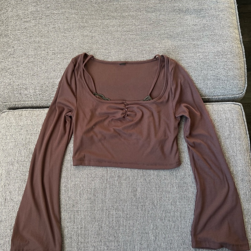 SHEIN Women’s Brown Cropped Long Sleeve Top With Lace Detail M